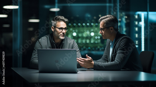 Cybersecurity expert consulting with a small business owner about protecting their digital assets. Professional discussion about online security and data protection in modern entrepreneurship