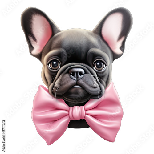 A French Bulldog With a Pink Bow for Valentine's Day Emoji Face Character. Isolated on a Transparent Background. Cutout PNG. © Peter