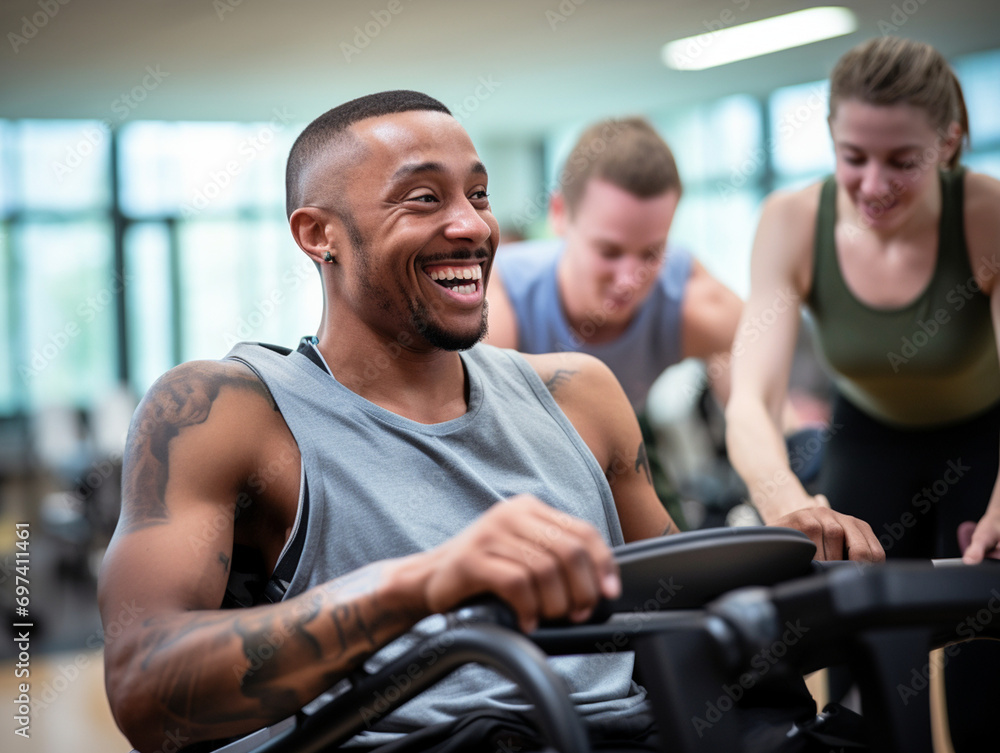 Obraz premium Inclusive Fitness: Personal Trainer Assisting Client with Physical Disability