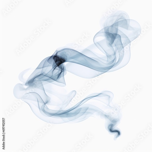 Whisps of blue smoke elegantly swirl against a pure white background photographed in slow motion—the harm of smoking. Dark ink spilled in the water. Healthy lifestyle concept. 