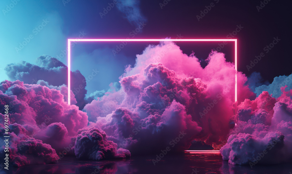 neon pink and blue pastel  light frame in a surreal cloud dreamscape - obrazy, fototapety, plakaty 