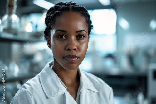 mujer afroamericana científica vestida con bata blanca, sobre fondo desenfocado de un laboratorio