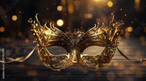 Elegant golden venecian carnival mask over golden bokeh background photo