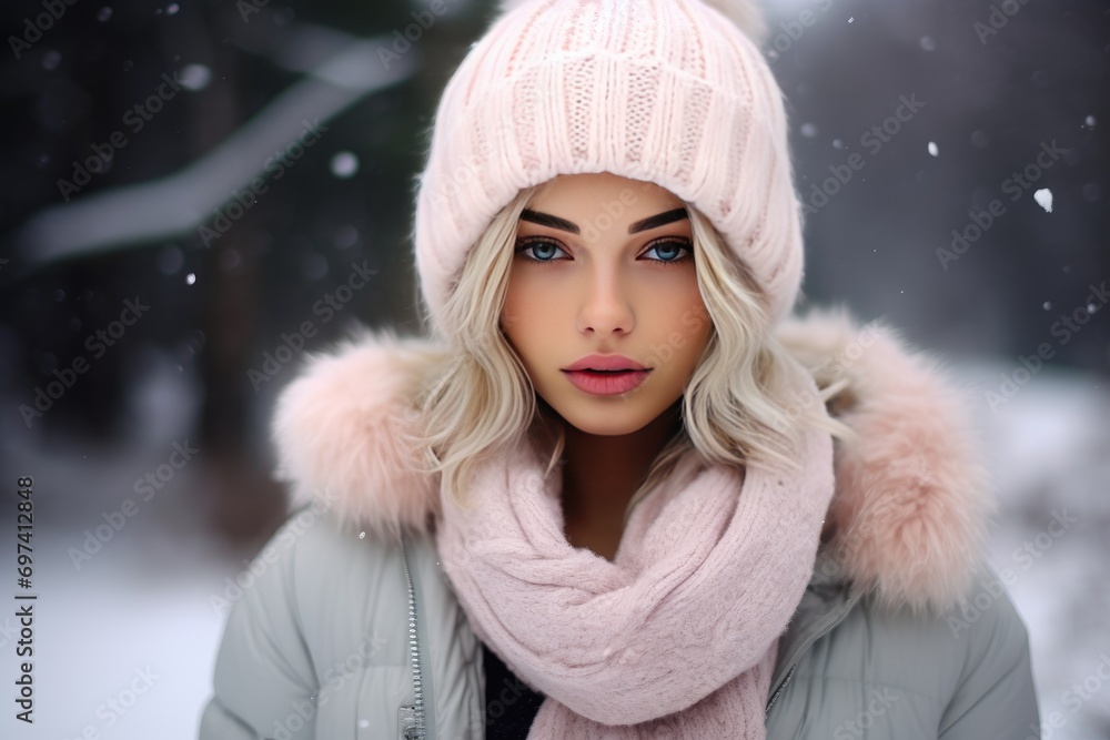 A cozy happy cheerful young woman in winter clothes, hats and scarves. A cozy happy cheerful young woman in winter clothes, hats and scarves.