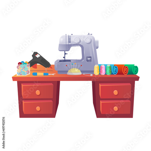 Sewing  table with sewing machine,  threads and sewing tools.Vector illustration in cartoon style.