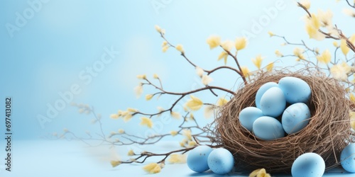 blue easter eggs in nest, easter background