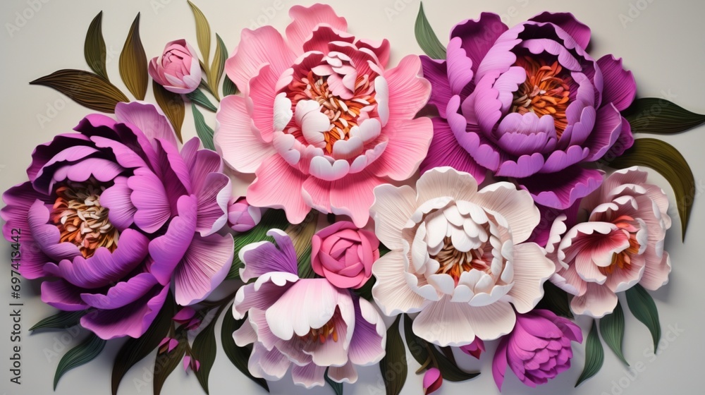 peonies, Marquetry style, pink, white, purple, pastel colors