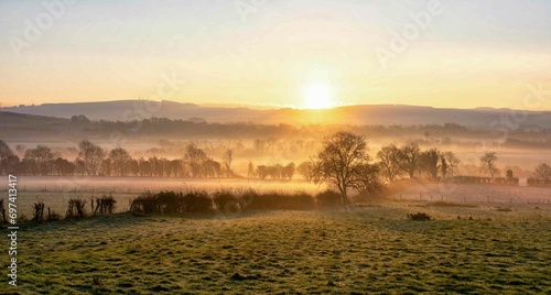 Beautiful Foggy Sunrise at Farm in Ireland