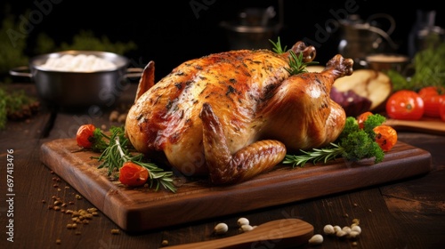 Tasty roast chicken on wooden table