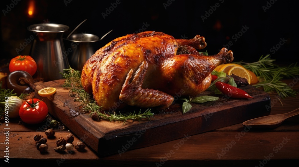 Tasty roast chicken on wooden table Tasty roast chicken on wooden table