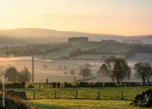 Beautiful Foggy Sunrise at Farm in Ireland