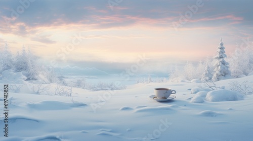 A snowy landscape providing a serene backdrop to a cup of tea © Muslim