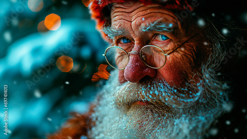 close-up of Santa\'s face. you can see his eyes and wrinkles, gray beard. a kind and a little tired old man. Generative AI