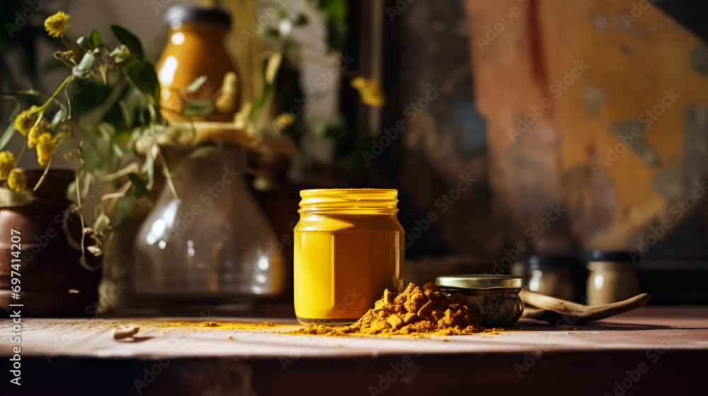 Transform your kitchen with vibrant turmeric in an exquisite glass bottle. Transform your kitchen with vibrant turmeric in an exquisite glass bottle.