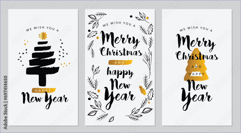 Vector set of hand drawn of greeting cards. Great print for invitations, posters, tags. Merry Christmas.Happy New Year. Happy holidays. Festive banners in flat cartoon style, vintage colors - obrazy, fototapety, plakaty 