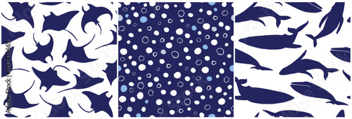 A set of seamless patterns with silhouettes of fish, whales, stingrays. Abstract simple nautical print. Vector graphics.