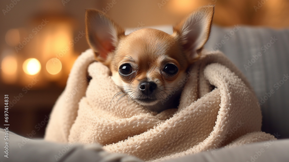 cute dog wrapped in a blanket on the background of the living room cute dog wrapped in a blanket on the background of the living room