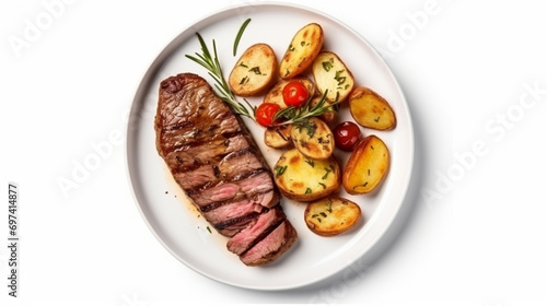 Top view of delicious grilled beef steak and rustic potatoes wedges. AI Generative photo
