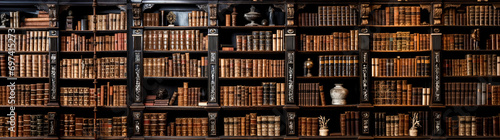 Old bookshelves with candles, lanterns and other decorative objects. Panoramic view. photo