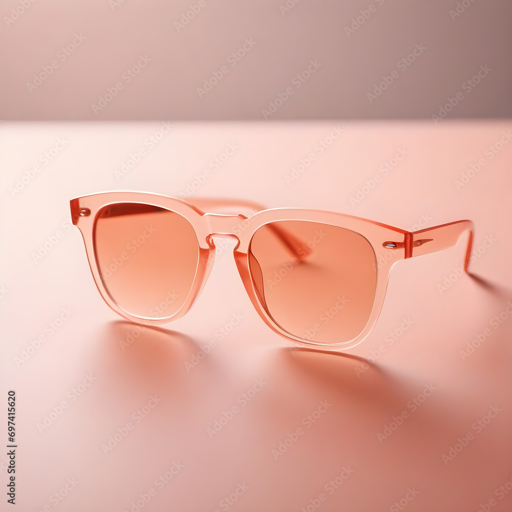 Elegant peach fuzz sunglasses with transparent lenses on minimal background. Modern trendy tone hue shade Elegant peach fuzz sunglasses with transparent lenses on minimal background. Modern trendy tone hue shade