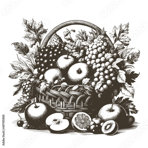Vector illustration in vintage style with a basket of fruits isolated on white background 