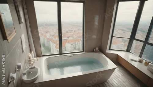 Top view of hotel bathroom interior with bathtub and panoramic window