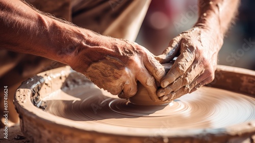 Hands shape clay on a pottery wheel, crafting with skill