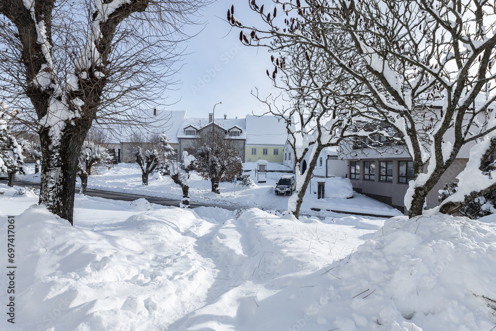 Winter town covered with snow with trees on foreground and car on street on background Winter town covered with snow with trees on foreground and car on street on background