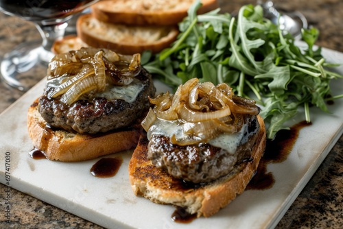 Culinary Delight: Dive into the Savory Goodness of a Bison Burger, Topped with Creamy Blue Cheese and Caramelized Onion with Arugula, for an Unforgettable Taste Experience.