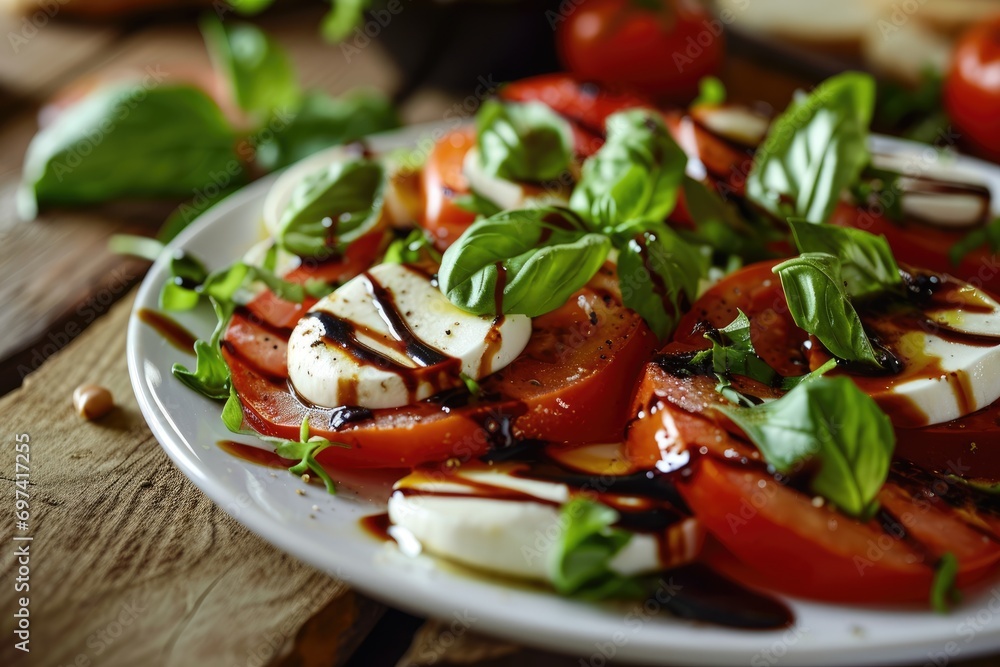 Mediterranean Elegance: Caprese Salad with Balsamic Glaze - A Classic Italian Salad with Ripe Tomatoes, Fresh Mozzarella Cheese, and Basil Leaves, Drizzled with a Simple Balsamic Glaze.

