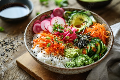 Asian Fusion Feast: Brown Rice Sushi Bowl with Pickled Vegetables - A Delectable Combination of Pickled Carrots, Cucumber, and Avocado, Drizzled with Sesame Dressing for Gourmet Satisfaction and Culin photo