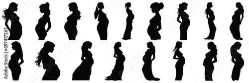 Pregnant woman mom silhouettes set, large pack of vector silhouette design, isolated white background