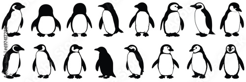 Penguin silhouettes set, large pack of vector silhouette design, isolated white background