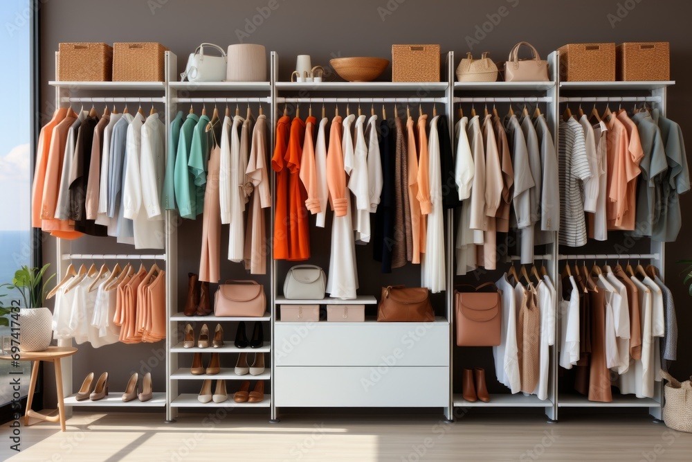 A cozy wardrobe with organized storage of clothes and accessories. Against the background of a dark blue wall there are shelves with bags and hangers with clothes in warm colors.
