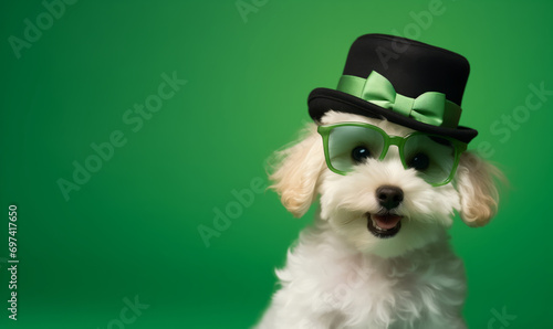 vA cute puppy wearing a St Patrick's day costume against a green background