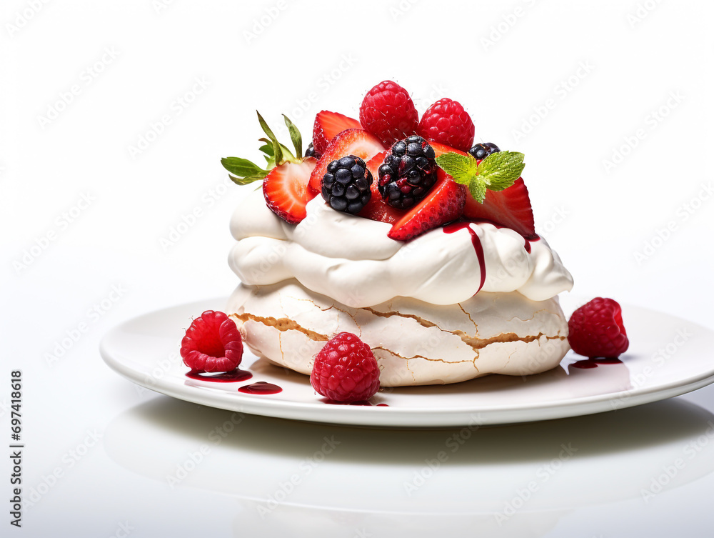 Delicious Pavlova meringue cake decorated with fresh raspberries and cherries on white background. Delicious Pavlova meringue cake decorated with fresh raspberries and cherries on white background.