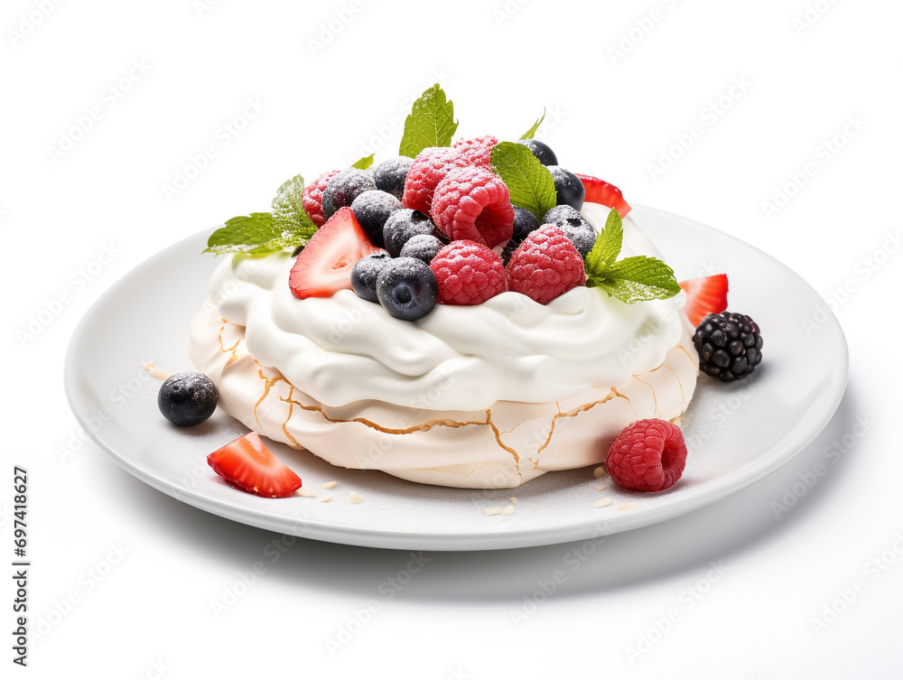 Delicious Pavlova meringue cake decorated with fresh raspberries and cherries on white background. Delicious Pavlova meringue cake decorated with fresh raspberries and cherries on white background.
