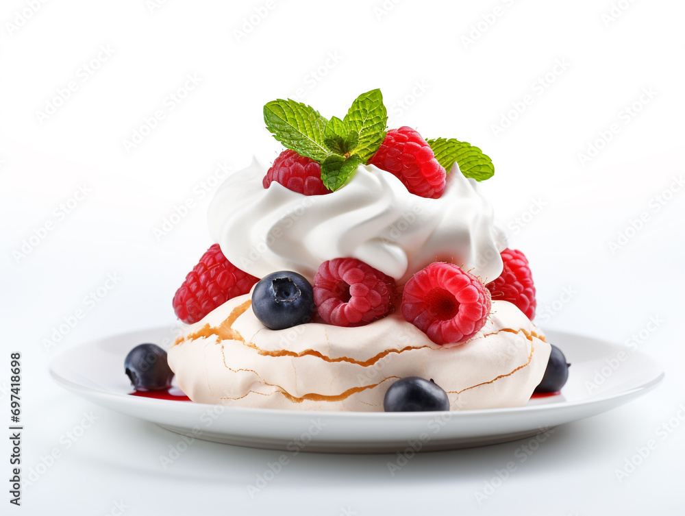 Delicious Pavlova meringue cake decorated with fresh raspberries and cherries on white background. Delicious Pavlova meringue cake decorated with fresh raspberries and cherries on white background.