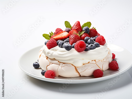 Delicious Pavlova meringue cake decorated with fresh raspberries and cherries on white background. 