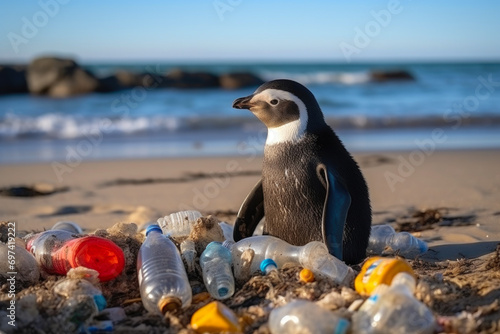 Lonely Penguin Amid Coastal Pollution © Luba