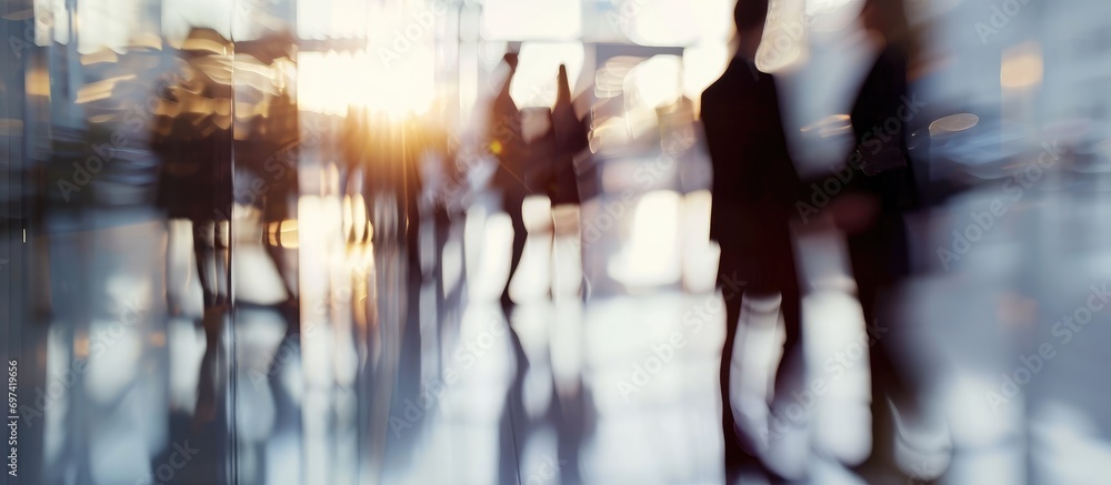 Blurred business individuals in an office, shaking hands for partnership and agreement.