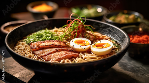 Asian cuisine with a tempting bowl of ramen featuring wheat noodles