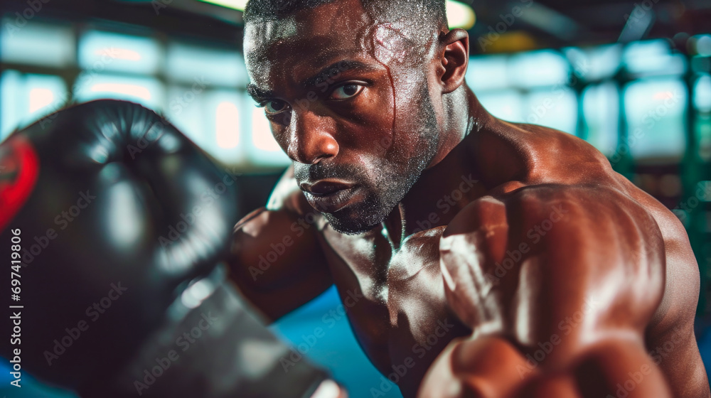 black man boxing in the gym  - obrazy, fototapety, plakaty 