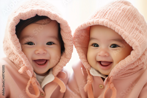 portrait of two baby children laughing