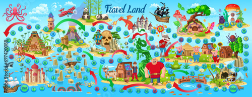 Big board game for children of fairy tales. Kids board game with characters from fairy tales, animals, insects, mushrooms and fairy homes. Step board game with numbered snake path.