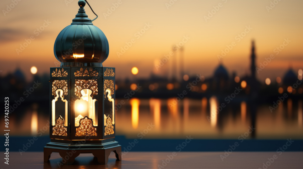 Naklejka premium Traditional ornate lantern with a lit candle inside is placed on a wooden surface against the blurred backdrop. Ramadan celebration.