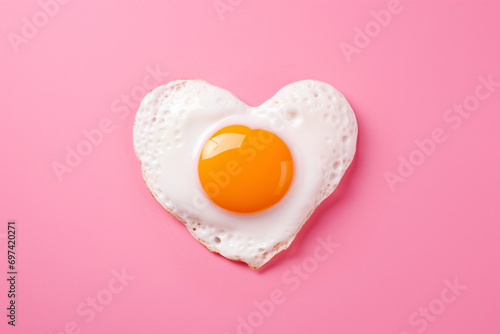 fried egg in a heart shape on pink background