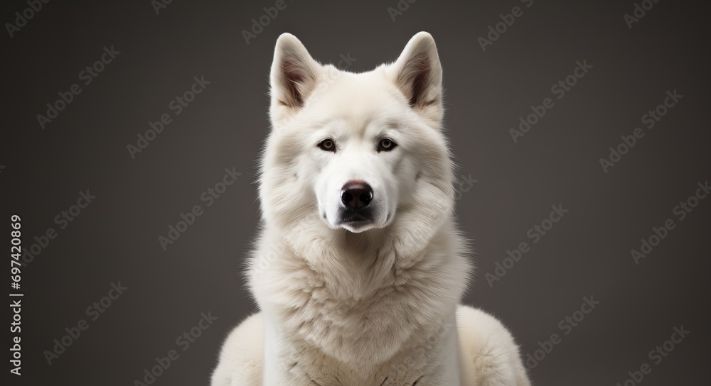 puppy with white fluffy fur and blue eyes looking out from behind a table on a grey background. Concept: pets, advertisements for veterinary clinics 
