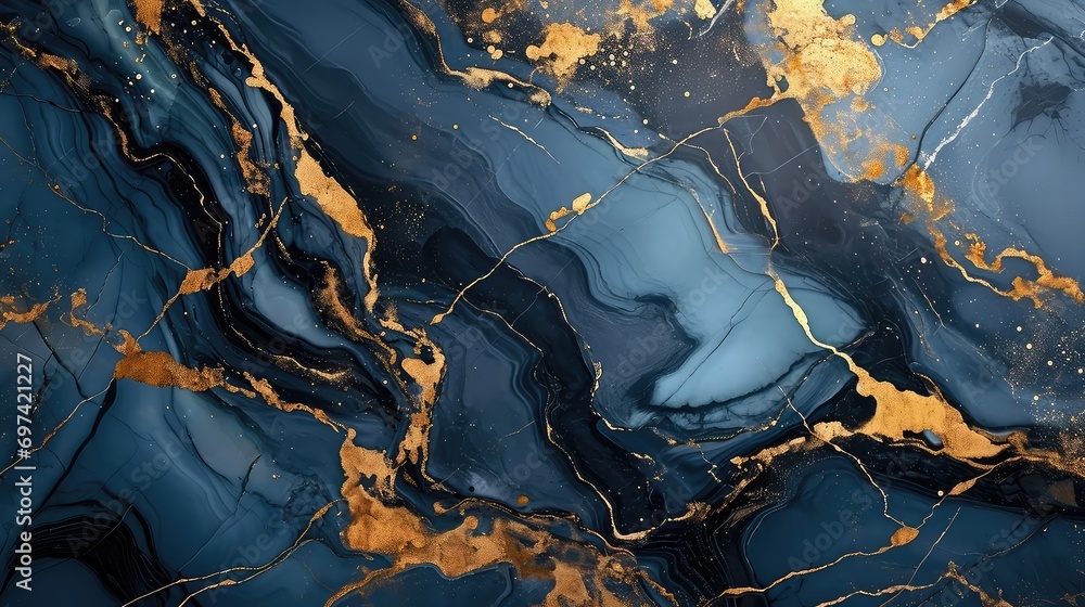 Abstract marble texture background in blue and gold color for graphic and web design