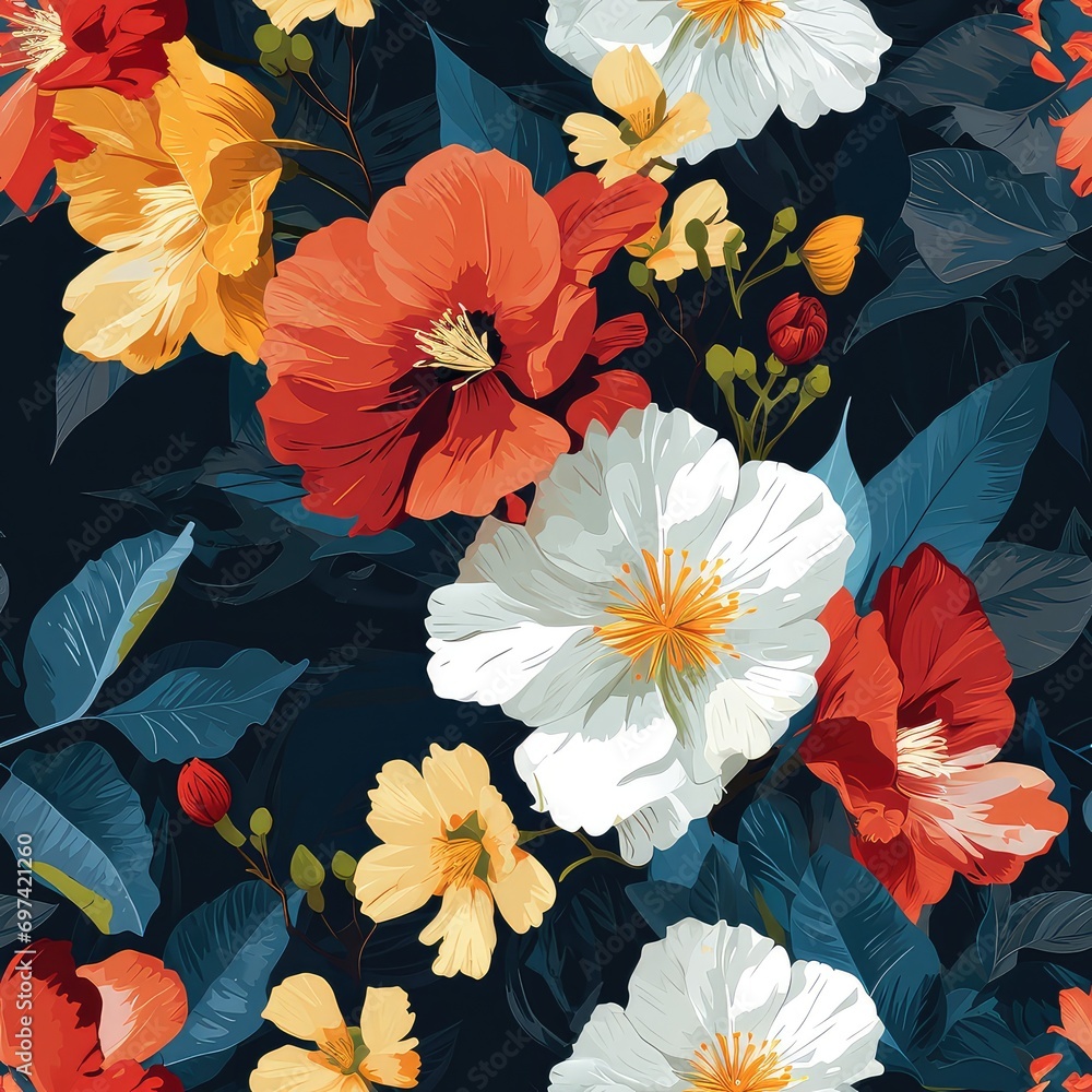 Elegant Floral Pattern with Vibrant Red, White, and Yellow Blooms Amidst Lush Green Foliage on a Dark Background
